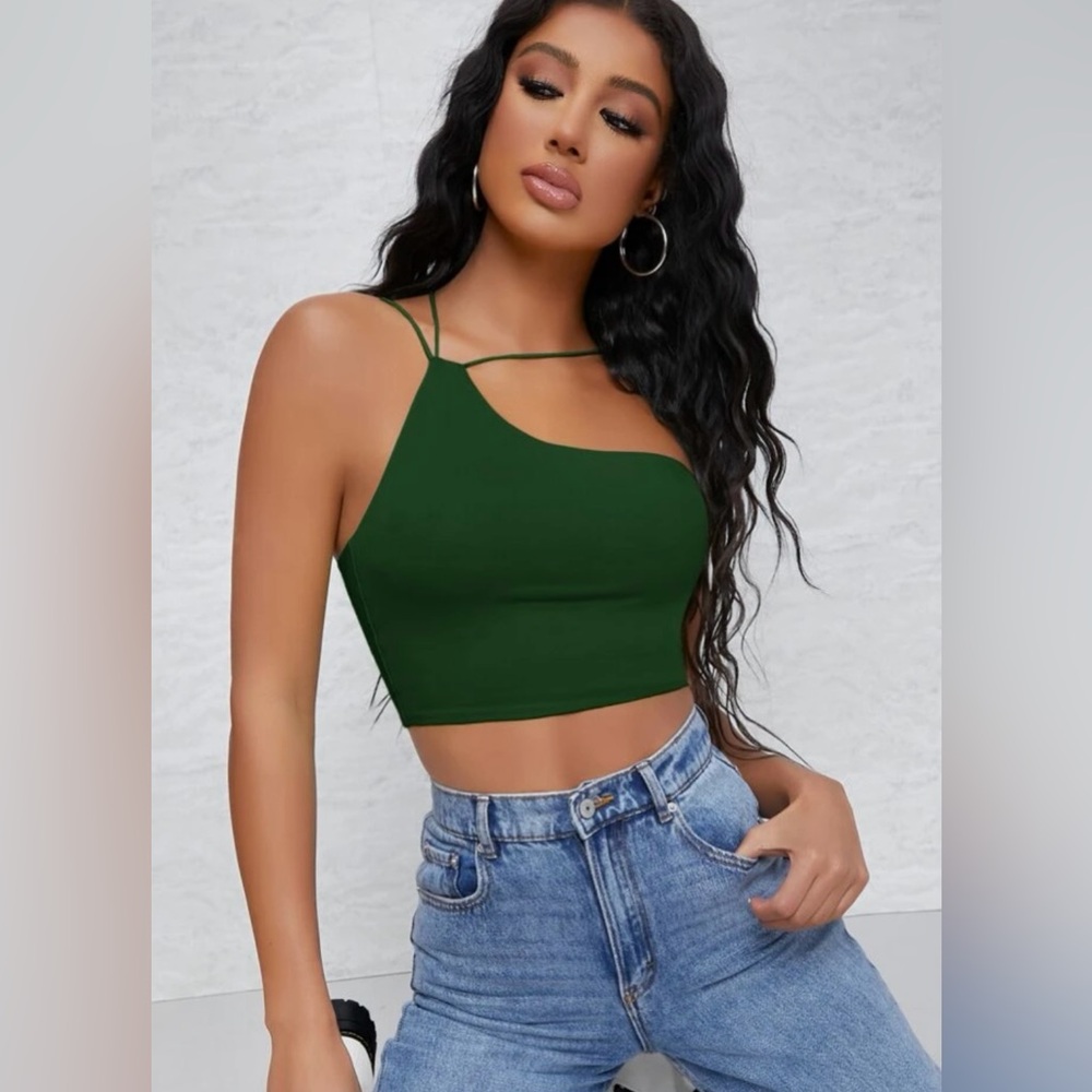 Dark Green One Shoulder Crop Top